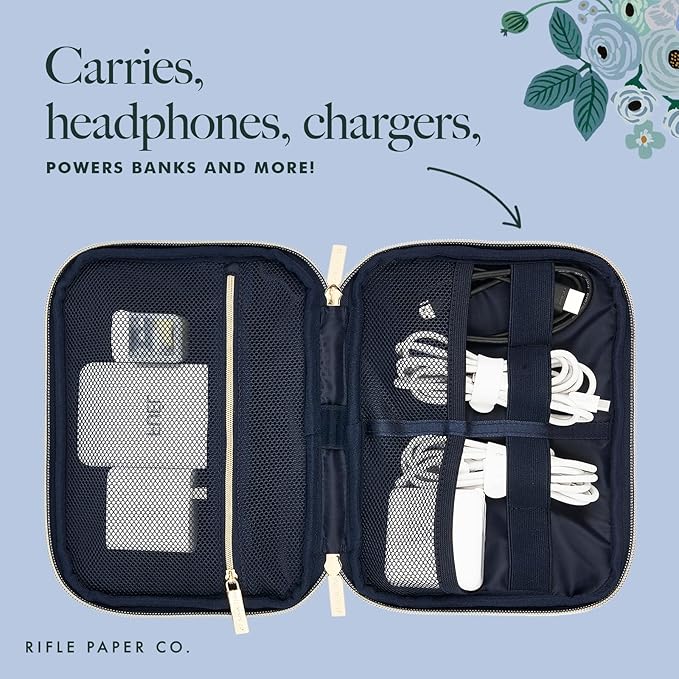 Rifle Paper Co. Electronic Organizer Travel Case - Portable Tech Pouch w/Multiple Storage Mesh Pockets for Cable, Cord, Charger, Power Bank, AirPods - Airplane Travel Essentials Bag -Garden Party Blue