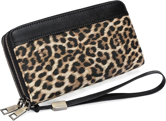 GOIACII Women's Wallet Large Capacity Double Zip Ladies Card Phone Holder RFID Blocking Wristlet Leather
