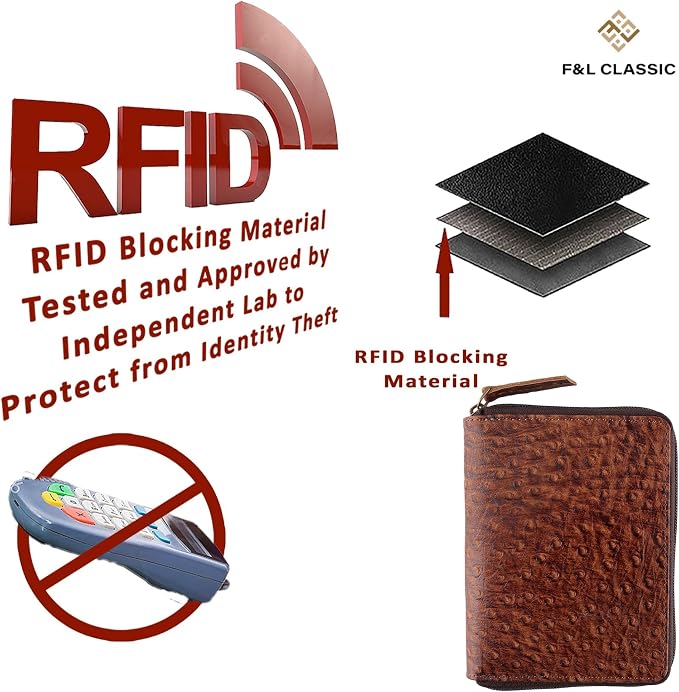Passport Wallet - Travel Document Holder w/RFID Blocking – Full Grain Leather – Bifold compact zip around Wallet with Credit Card Slots for Women and Men,ostrich print,500-70