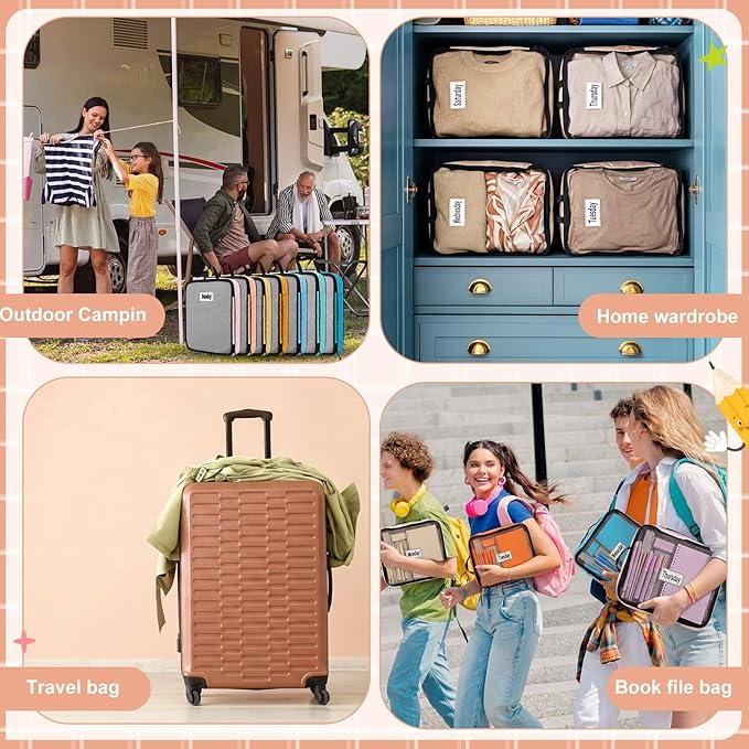 7 Pcs Packing Cubes for Travel Days of Week Compression Packing Cube with Labels Organizers Luggage Storage Bag(Multicolor,Large)