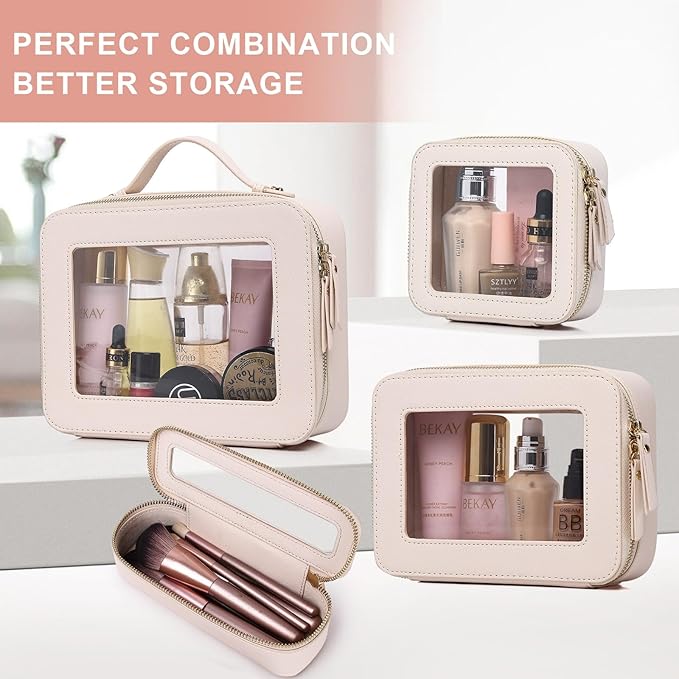 Pinkmik Travel Clear Makeup Bag with Brush Case TSA Approved Toiletry Bag Waterproof Cosmetic Organizer with Zipper Car Essential for Women (Beige, M+SLIM)