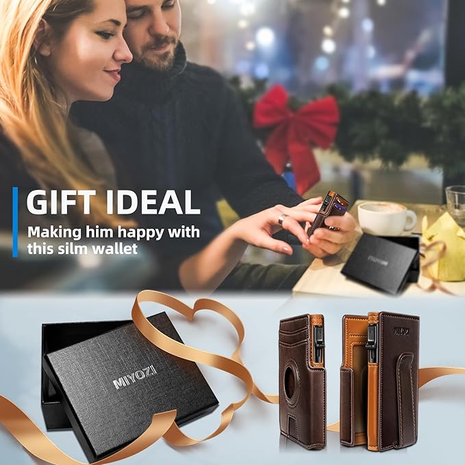 miyozi Airtag Wallet for Men,with Money Clip 10 Cards Metal Case Smart Slim Pop Up Credit Card Holder Flip with Magnetic Closure RFID Blocking wallet with Gift Box