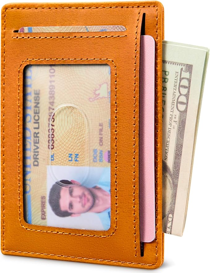 Travelambo 100% Genuine Leather Wallet for Men and Women, Slim Minimalist RFID Blocking Front Pocket Credit Card Holder with Gift Box(Brown 02)