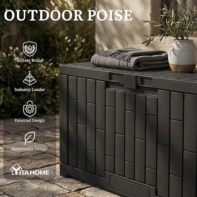 YITAHOME 60 Gallon Outdoor Storage Box, Waterproof Resin Deck Box with Slide-Locking Lid, Patio Storage Bin and Bench Seat for Patio Furniture, Garden Tools and Pool Accessories, Black