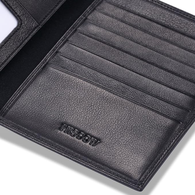 HISCOW Leather Passport Holder for Travel, Bifold Wallet, Black | Full grain cowhide, RFID blocking, 7 card slots, cash compartment, frosted ID window, travel essentials, premium gift box