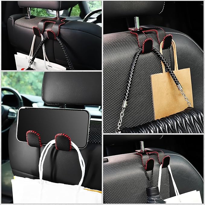 LivTee Upgraded Superior Leather Car Seat Back Headrest Hook, 2 in 1 Auto Seat Hook Hangers Holder Organization Interior Accessories for Purses Coats Umbrellas Grocery Bags Handbag (Black/Red)