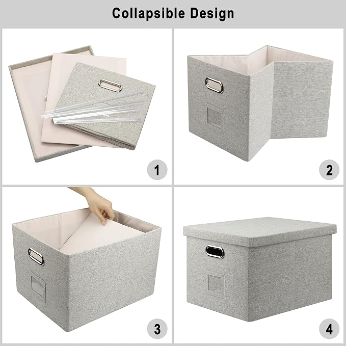 Graciadeco 4-Pack Modern Minimalist Beige Collapsible Linen File Folder Box Office Document Storage Filing Bin with Lid for Letter Legal Size Hanging Folders