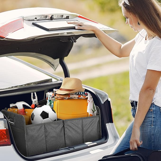 YSSOA 2 Compartments Car Trunk Organizer, 600D Oxford Polyester Car Storage, Anti-slip 14" D x 22" W x 12" H Collapsible Trunk Storage, Suitable for SUV, Minivan, Truck, Black New
