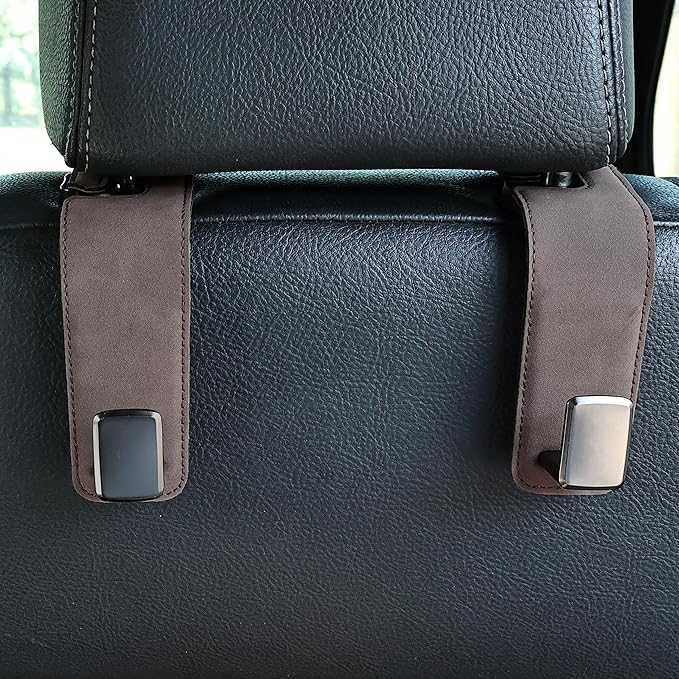 Car Seat Back Hook Metal with Suede Universal Vehicle Headrest Hangers Interior Storage Organizer for Purse Handbag Coat Grocery Bags 2 Pack Coffee