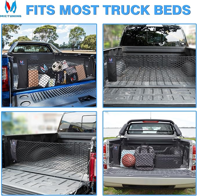 MICTUNING Truck Bed Cargo Net Highly Elastic Cargo Net with Storage Bag Small Mesh Durable Storage Organizer Compatible for 2013-2024 Chevy Silverado (16.9"" X 49"" to 62""), Black