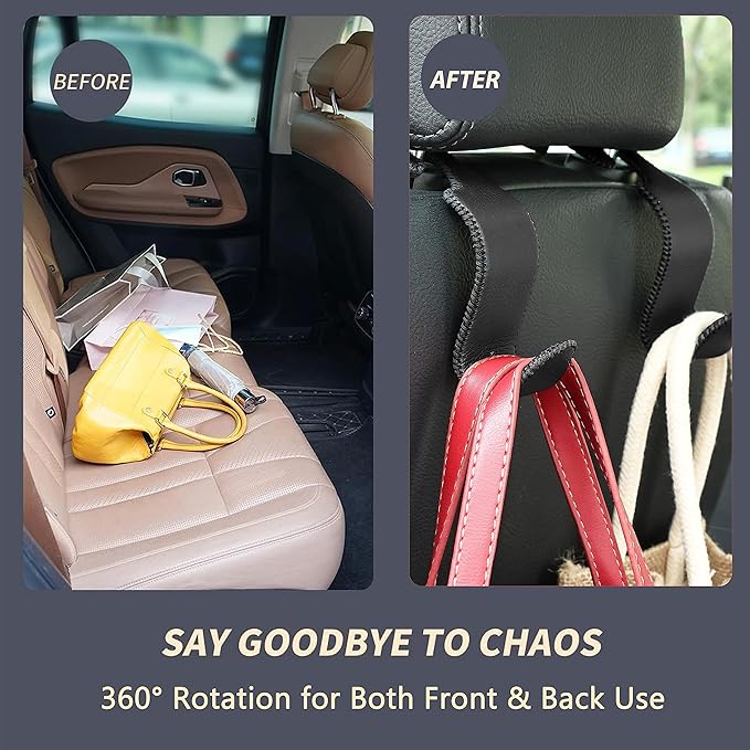 Amooca Car Seat Headrest Hook Universal Vehicle Storage Hanger Leather with Metal Car Seat Back Organizer for Handbag Purse Coat Black 2 Pack