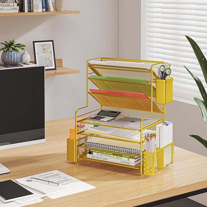 Simple Trending 7 Tier Desk File Organizer, Letter Tray Paper Organizer with Pen Holder and Metal Hanging Basket, Gold