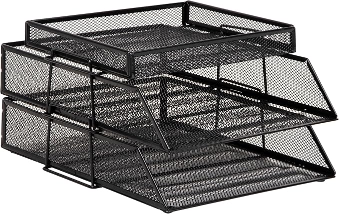 Mind Reader 2 Tier Paper Tray with Top Supply Compartment, Desktop File Organizer, Metal Mesh, Black