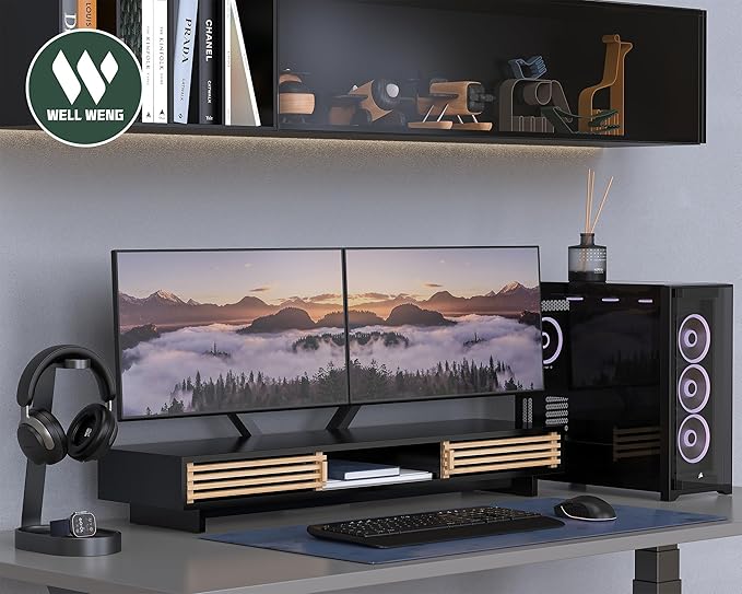 Dual Monitor Stand with Sliding Bamboo Doors - Heavy Duty Wood Computer Monitor Riser for 2 Screens, Ergonomic Desk Organizer with Storage & Keyboard Tray, Natural & Black (38 Inch)