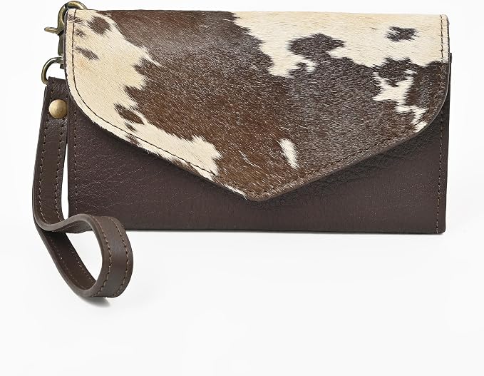 Merbaa Leather Wallet for Women, Wristlet Bifold Card Cash Phone Wallet Ladies Cowhide Hair-On Travel Clutch Purse, Slim Bifold Organizer with Card Slots, Zip Coin Pocket & Magnetic Closure, Brown