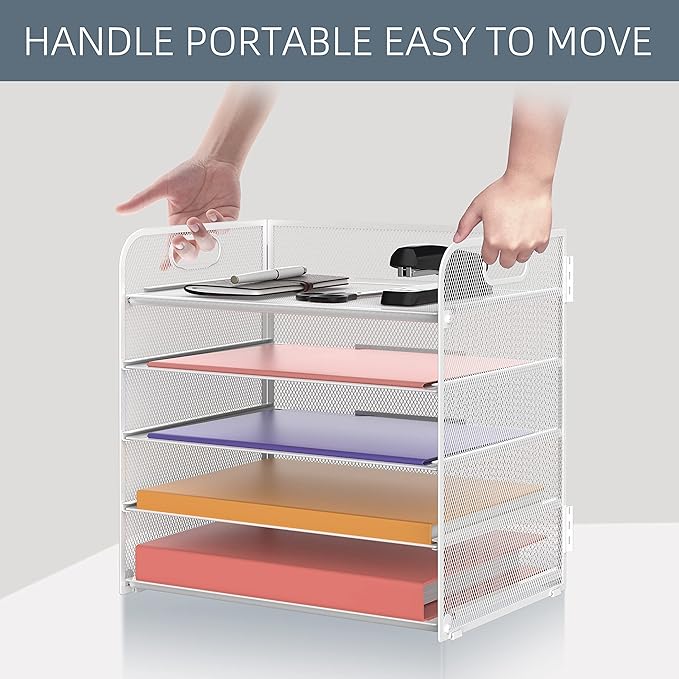 Supeasy 5 Trays Paper Organizer Letter Tray with Handle-Mesh Desk File Holders, Paper Sorter Desk Organizer for Office, Home, Classroom or School, White