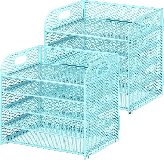 Cawukege 2 Pack 5 Tier Paper Organizer, Letter Tray with Handle, Mesh Desk Organizer, Metal File Organizer, Office Desk Accessories for Home, Office, Classroom, School -Blue