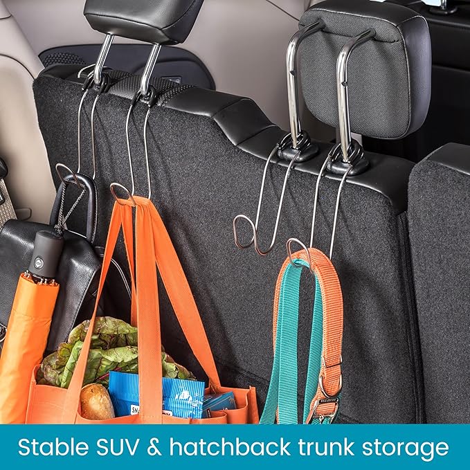 High Road Metal Car Hooks - Hard Hat Holder for Truck and Unbreakable Headrest Hooks for Car for Large Straps and Heavy Bags up to 40 lbs - Secure Attachment Loops Fit All Headrest Posts, 2-Pack