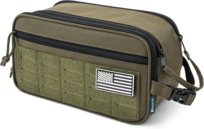 PAVILIA Tactical Toiletry Bag for Men, Water Resistant Molle Military Dopp Kit, Travel Hygiene Organizer with Wet Dry Storage for Shaving, Grooming, Gym and Camping, Olive XL