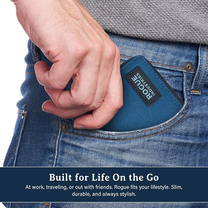 ROGUE WALLET Interior Genuine Leather Wallets for Men - RFID Blocking Robust Outer Nylon Wallets - Full Cash Slot and Expandable Coin Pouch - Gift for Men (Navy)