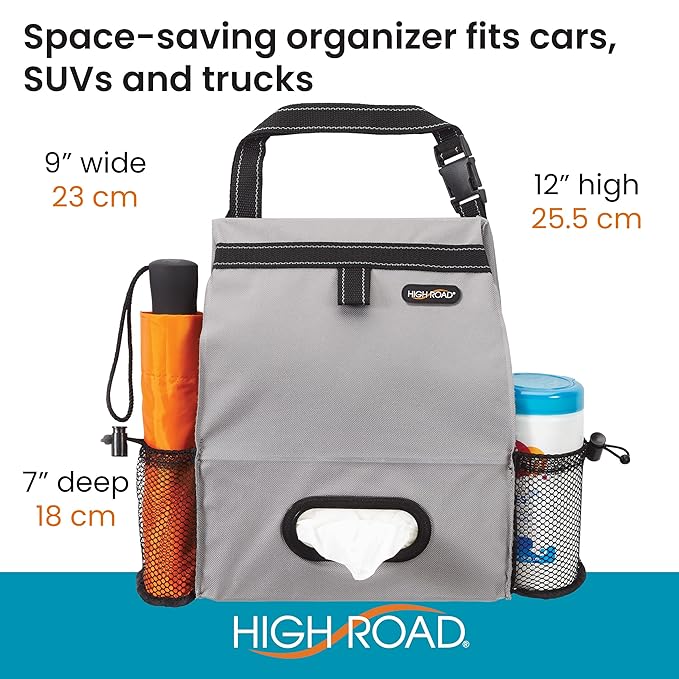 High Road Car Organizer with Car Trash Bin and Tissue Holder - Holds Full Size Tissue Box, Bottles and Wipe Containers - 2 Gal Leakproof Covered Trash Can with Push-Close Lid