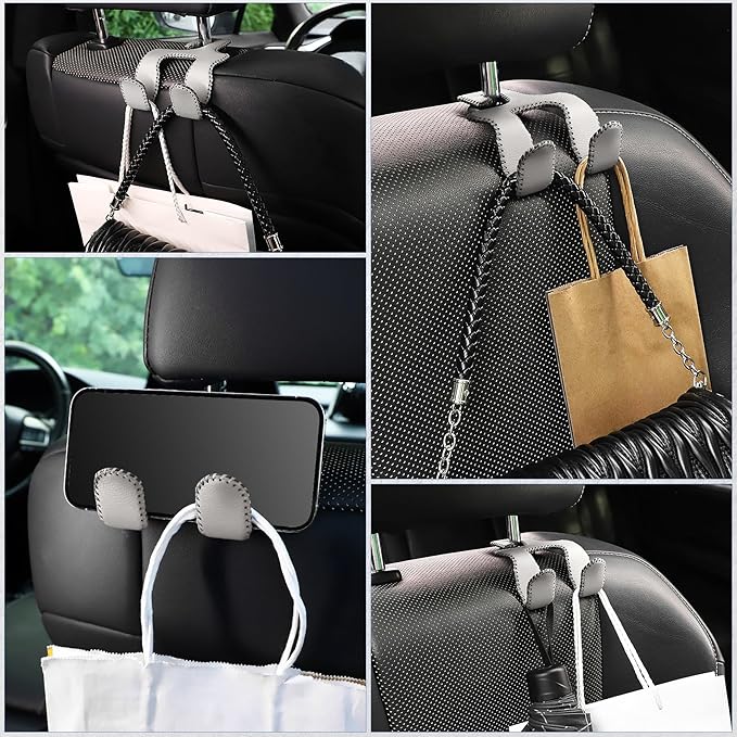 LivTee Upgraded Superior Leather Car Seat Back Headrest Hook, 2 in 1 Auto Seat Hook Hangers Holder Organization Interior Accessories for Purses Coats Umbrellas Grocery Bags Handbag (Gray)