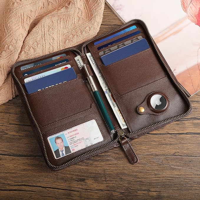 Polare Full Grain Leather Passport Holder Cover Case for Men RFID Blocking Travel Wallet Holds 4 Passports (Coffee with AirTag Slot)