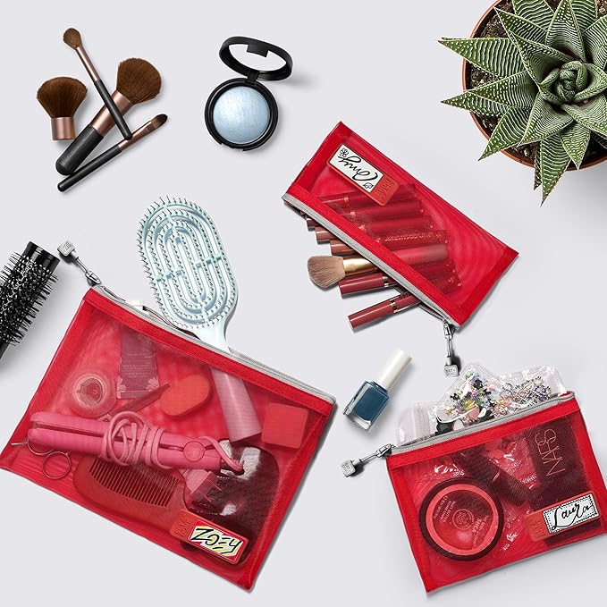 Set & Done Onama Flexi Mesh Zipper Pouch – Durable Clear Nylon Storage Bag with Name Tab for Makeup, Travel, Diaper Bag & Office Organizing