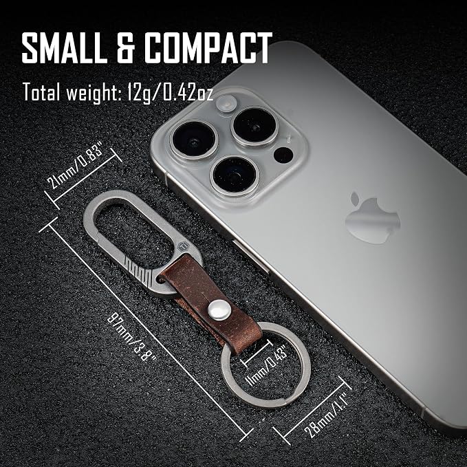 KeyUnity KM02 Titanium Belt Clip Carabiner Leather Keychain Holder with Removable Stainless Steel Key Ring