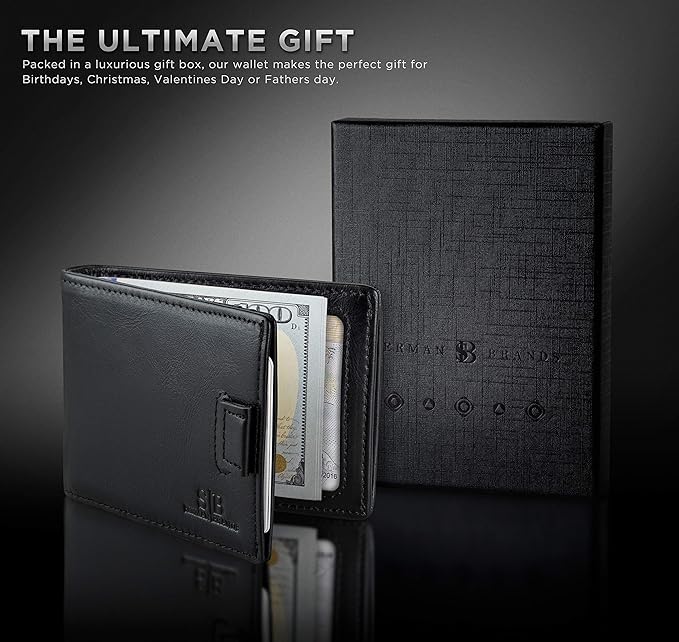 SERMAN BRANDS RFID Blocking Slim Money Clip Wallet – Leather Bifold Front Pocket Minimalist Mens Wallet with Money Clip for Men, Small Credit Card Holder Wallet - Travel Wallet with Gift Box