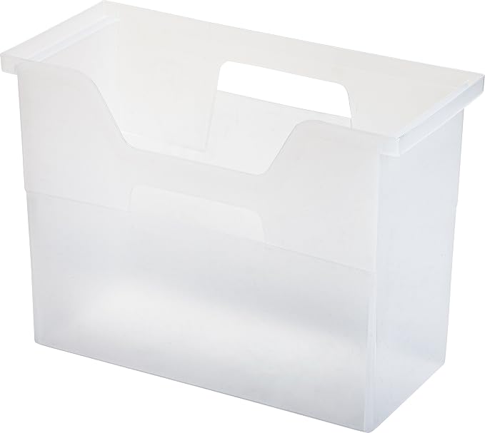 IRIS USA Medium Portable Desktop File Box with Open Top, Side Handles, Hanging File Folders, Tabs & Inserts, Letter Size, For Magazines Newspapers Mail Books Notebooks Binder Homework, Clear