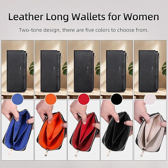 VISOUL Womens Leather Long Zip Around Clutch Wallet with Coin Pocket 12 Card Slots, Slim Thin RFID Blocking Cash Wallets for Women Large Capacity Organizer (Black and Ivory)