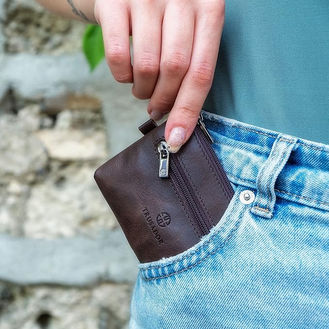 Trusador Milano Unisex Leather Front Pocket Wallet Coin Purse Zipper Pouch with Keychain (Brown)