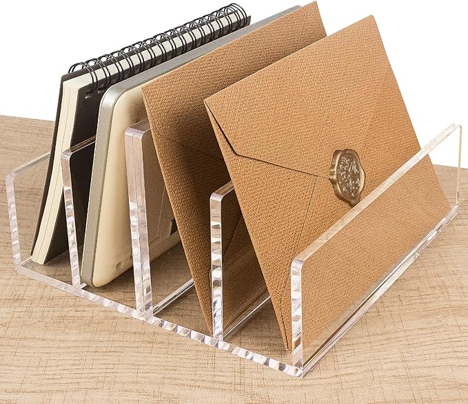 Acrylic Mail Organizer File Sorters for Desk,2-Section Laddered Desktop Vertical Letter Holder,Desk Organizer Workspace Organizer