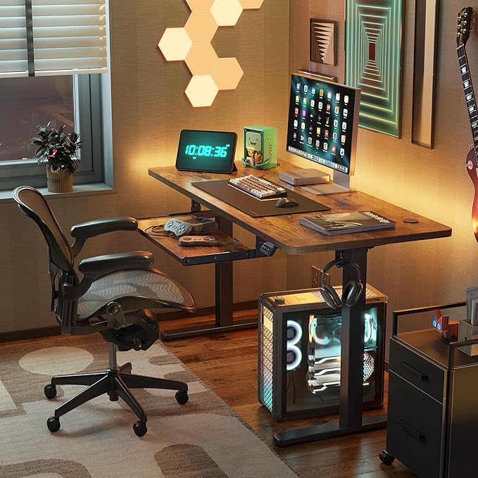 FEZIBO Standing Desk with Keyboard Tray, 40 x 24 Inch Adjustable Height Sit Stand Desk with Memory Presets for Home Office, Ergonomic Computer Workstation, Rustic Brown