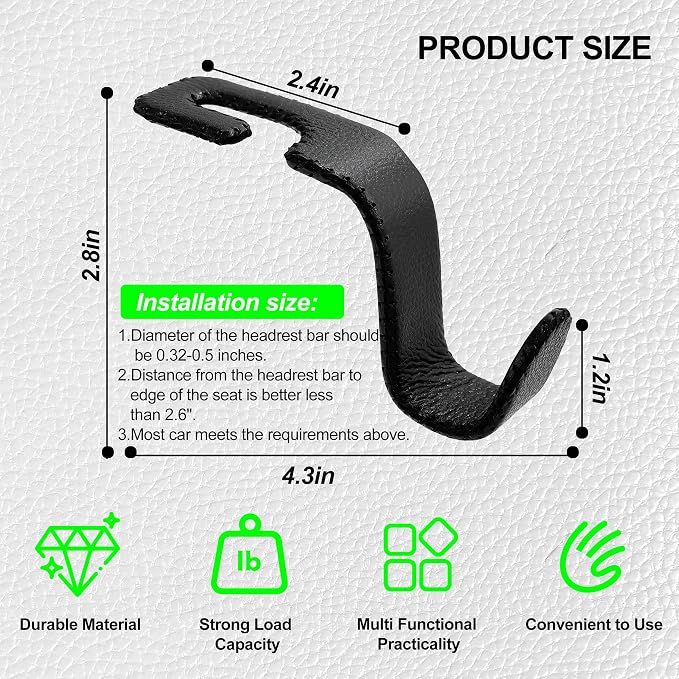 Amooca Car Seat Headrest Hook, Universal Vehicle Storage Hanger, Leather with Metal Car Seat Back Organizer for Handbag, Purse, Coat, Ergonomic Design, Black 4 Pack