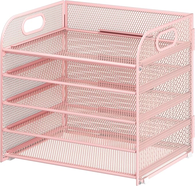 Cawukege 5 Tier Paper Organizer with Handle, Pink Metal Mesh Desk Organizer File Folder Paper Letter Tray Desktop Document Sorter for Classroom, School, Office Accessories Organization and Storage