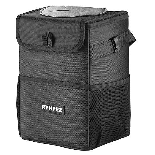 Ryhpez Car Trash Can with Lid - Leakproof Trash Bin Car Garbage Can, Collapsible Automotive Truck Organizer and Storage Bag Car Accessories for Women Men Road Trip Essentials