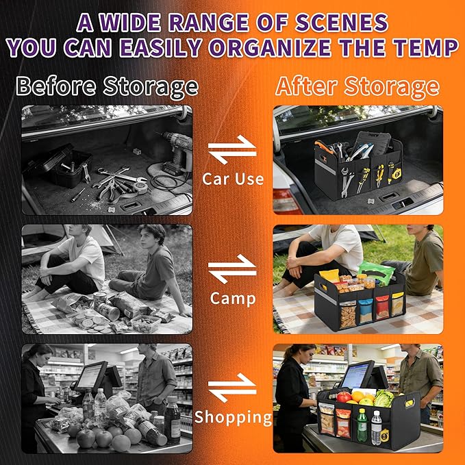 BQKOZFIN Large Capacity Sturdy Trunk Storage Organizer, Water Resistant Collapsible Organization Container, Multi-Compartment Car or SUV Accessories, Black