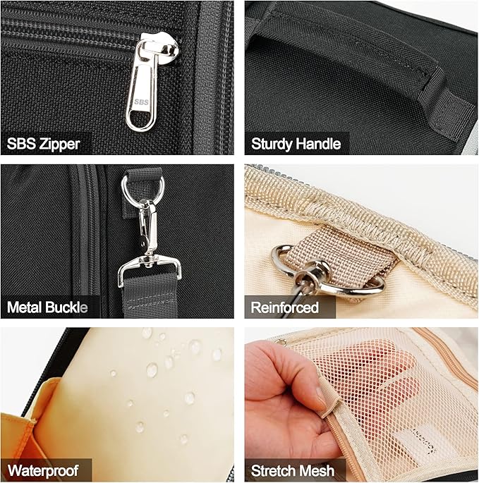 COOSKY Hanging Travel Toiletry Bag for Women and Men, 6 Organizer Compartments, Large Toiletries essentials, Bathroom Cosmetic Accessories, Water-resistant Makeup Bag, Holds Full-Size Shampoo, Black