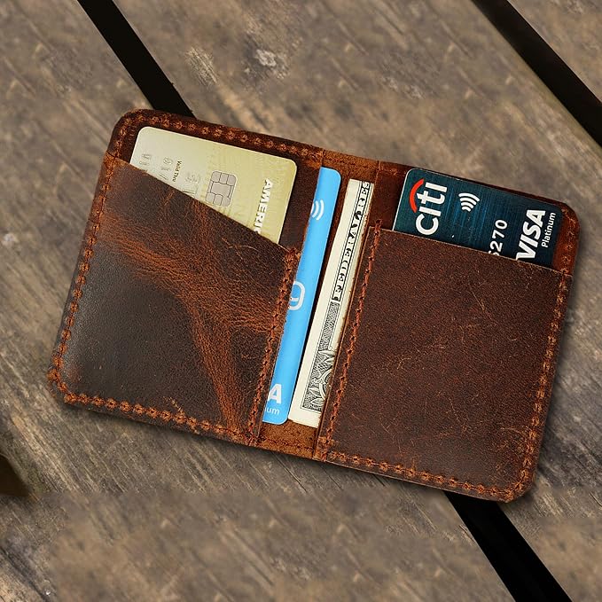 Credit Card Case Holder, Genuine Leather Bifold Wallet for Men and Women, Slim Minimalist Front Pocket Card Holder for Credit and Debit Cards, 4x3 Inches, Brown