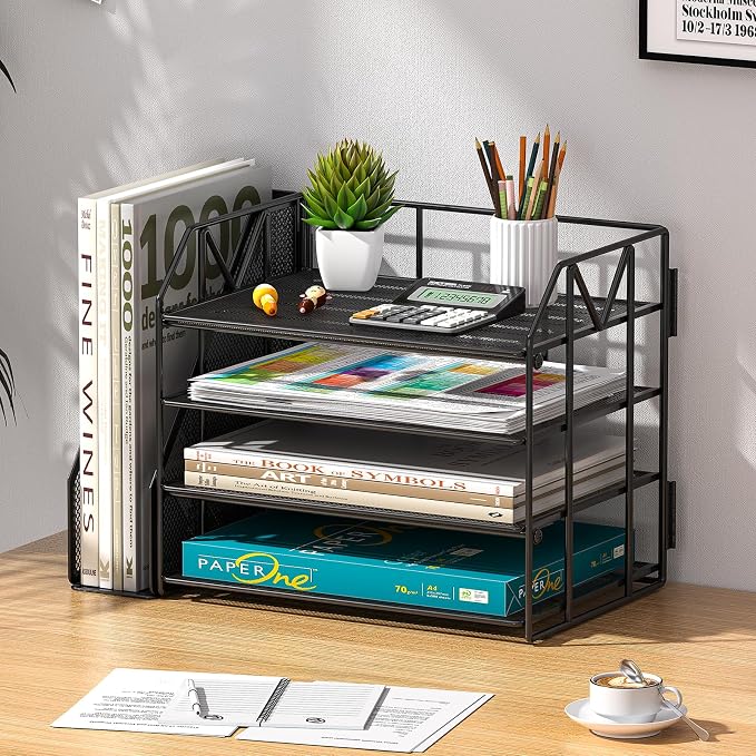 4-Tier Paper File Organizer with Bookend, Metal Desk Organizer, Tiered Paper Tray for Letter/A4 Files, Desktop Office Supplies Storage Rack for Home Office, Classroom, School & Work, Black