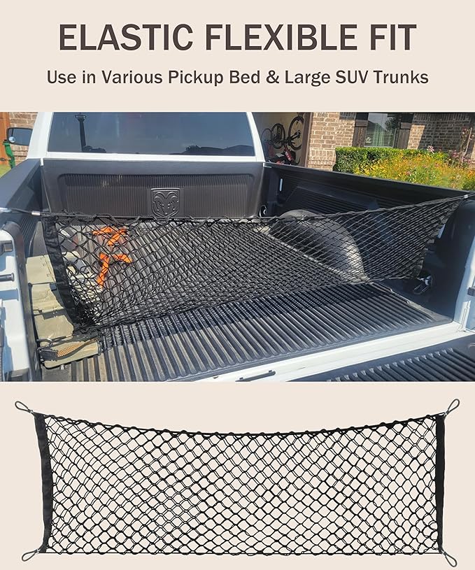 bylikeho Cargo Net,Adjustable Trunk Storage Net with Hook,Car Accessories Exterior,Elastic Trunk Stretchable Tailgate Nets,Automotive Organizer and Storage,Suitable for Most Vans,SUVs,Pickup,Trucks