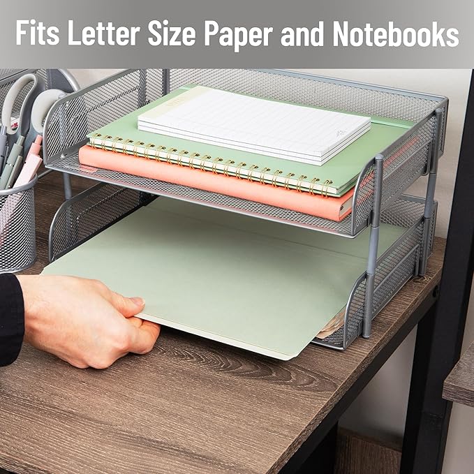 Mind Reader 2-Tier Stackable Paper Tray, Desktop Organizer for Letter-Size Documents, Office File Storage, Metal Mesh, Set of 2, Silver