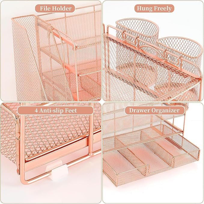 OPNICE Desk Organizer, 4-Tier Desktop File Organizer with Drawer and 2 Pen Holders, Office Desk Accessories, File Sorters, Workspace Organizers for Office Supplies(Rose Gold)