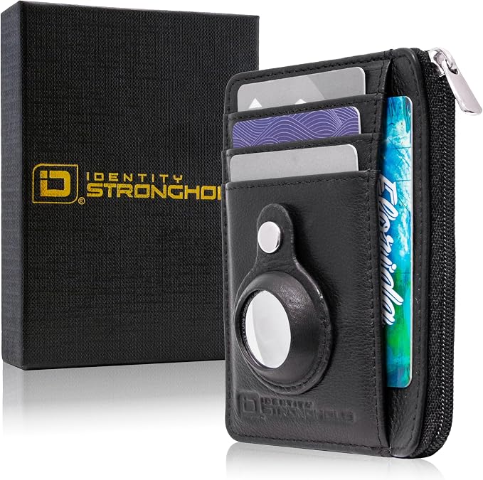 ID Stronghold RFID Blocking Front Pocket Wallet – Slim Minimalist Genuine Leather Wallet with Zipper Coin Pocket (Airtag Black)