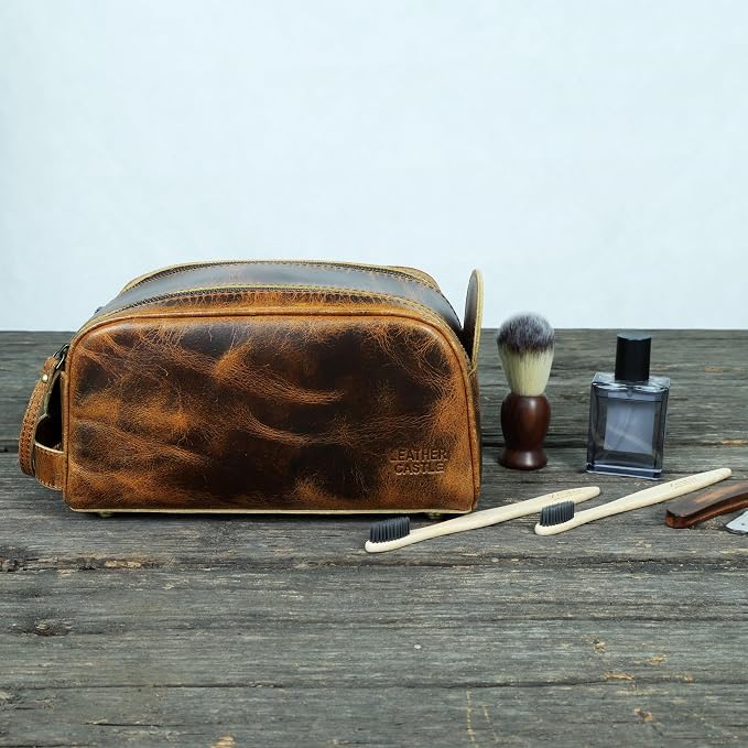 Toiletry Bag | Leather Dopp Kit for Men & Women with Multiple Compartments, Water-Resistant, Durable, Stylish | Portable Grooming Organizer for Shaving, Makeup, Essentials (Brown)