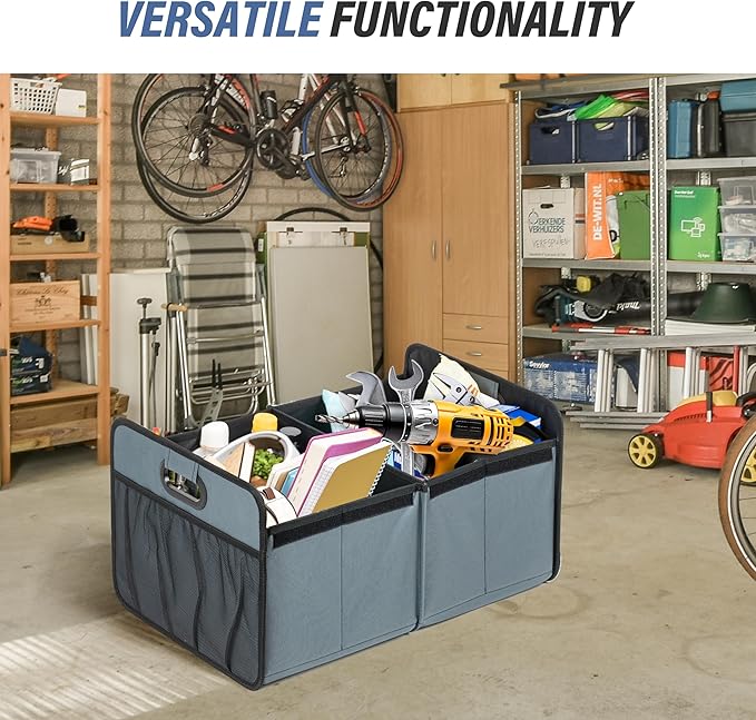 Simple Deluxe Car Trunk Organizer with Lid, Collapsible 2 Compartment 50L Automotive Storage Box with 5 Pocket, 600D Waterproof Oxford Polyester, Non Slip Bottom, Grey-Green