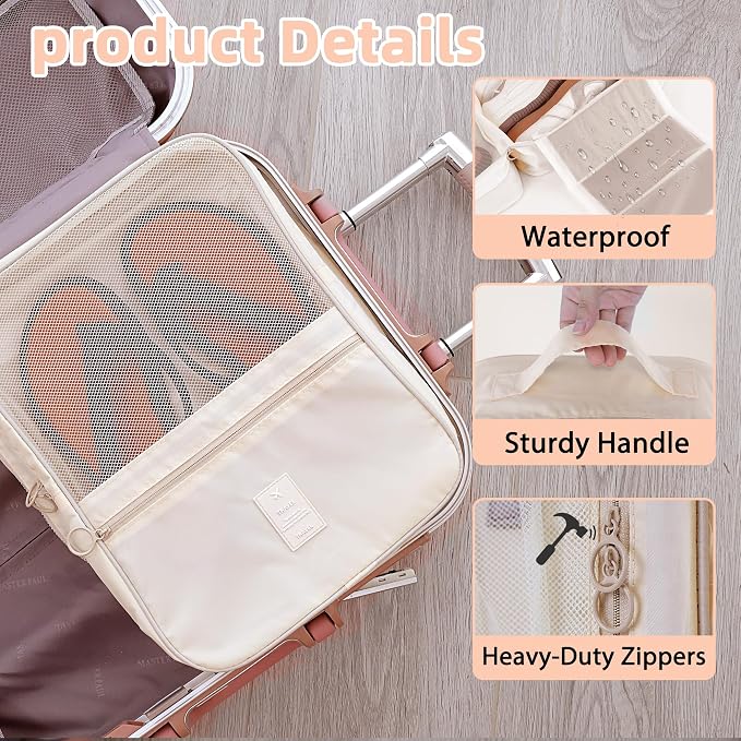 Large Shoe Bags for Travel Holds 4 Pair of Shoes, Shoe Storage Pouch with 3 Layers Compartments, Waterproof & Washable (Cream)