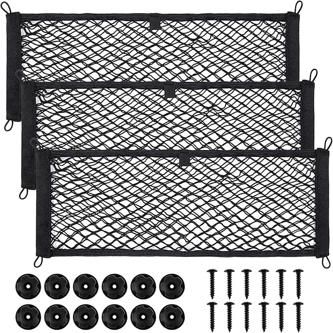 3pcs Small Cargo Net Pocket Elastic Mesh Netting 25inx9.25 Inch Stretchable Automotive Cargo Net Storage Pouch with Metal Hook and Screws Universal for Trunk RV Boats SUV